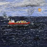 008 Working Ship off Bondi, rsjbarker, 2018, Acrylic & Oil on Wood, 29 x 29cm
