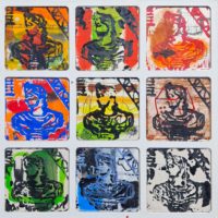 9 Alexandrs 2025 Acrylic and ink on compact board - bar coasters - Framed 33cm x 33cm
