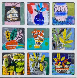 Pots & Plants 2025Acrylic and ink on compact board - bar coasters - Framed 33cm x 33cm