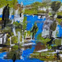 River Dwellings 2025 Acrylic on Canvas Framed 35cm x 26.5cm